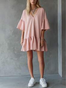 2026 Nuevo en Stock Falda Corta Holgada de Verano para Mujer con Volantes y Cuello en V de Color Sólido - Rojo - Ver 2