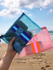 多色時尚防水PVC沙灘包，對比色條紋「Beach」印花，彩色字母印花，A4尺寸，透明化妝包，尼龍拉鍊，適合游泳、潛水和夏季度假，輕量，中性，沙灘包配件，旅行必需品，旅行配件，度假必需品。開學用品盥洗包，大容量洗澡包，女性禮物，郵輪必需品 - 彩色 - 查看 2