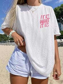 Plus Size, Ms. Xia's bedrucktes, lässiges, übergroßes T-Shirt mit Rundhalsausschnitt und überschnittenen Schultern, bequemes, locker sitzendes, leicht dehnbares Oberteil - Weiss - Übersicht 2