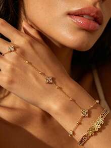 Elegante pulsera de dedo con trébol de cuatro hojas de la suerte de circonita dorada, playa de verano, joyería de acero inoxidable para mujer, estilo bohemio, regalo para la madre, uso diario, fiesta, cumpleaños, Día de San Valentín - Multicolor 4 - Ver 7