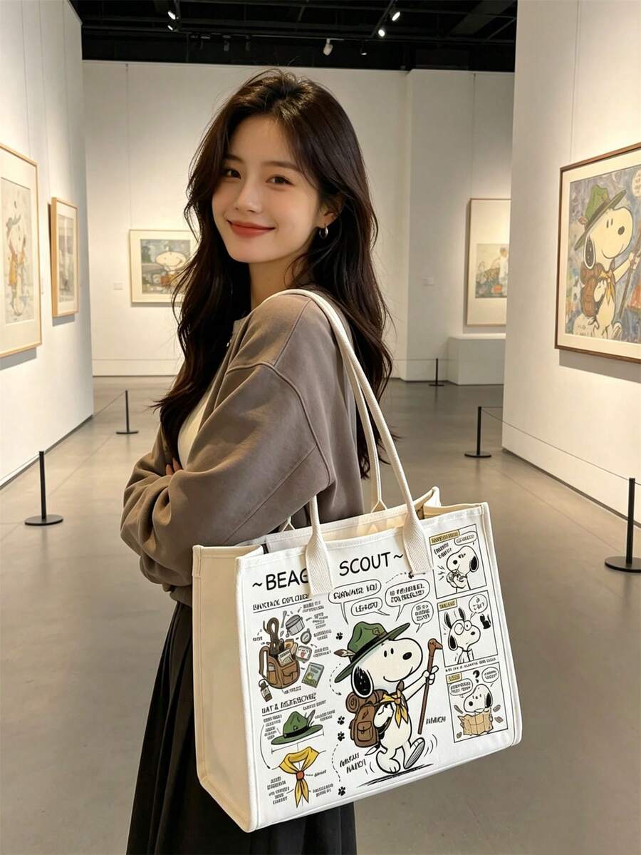 Tas Bekal Kanvas Kapasitas Besar, Tas Bahu Sederhana dan Modis untuk Perjalanan, Cocok untuk Pekerja Kantoran, Gaya Kartun Snoopy - A - View 1
