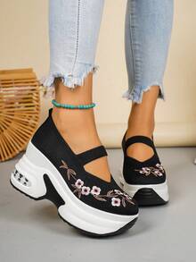 Casual Versatile Comfortable Platform Thick Sole High Heel Pumps For Women, Spring/Autumn New Fashion Breathable Slip-On Embroidered Sneakers For Women - Black - View 3