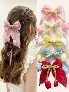 5pcs/Set Girls Multi-Color Chiffon Bow Hair Clips, Cute Vacation Style Tulip Flower Alligator Hair Clips, Sparkling Crystal Accessories, Suitable For Travel, Vacation, Party, Outing, Daily Commute, Wedding, Back To School Season, Great Gift Choice For Girls - Multicolor - View 6