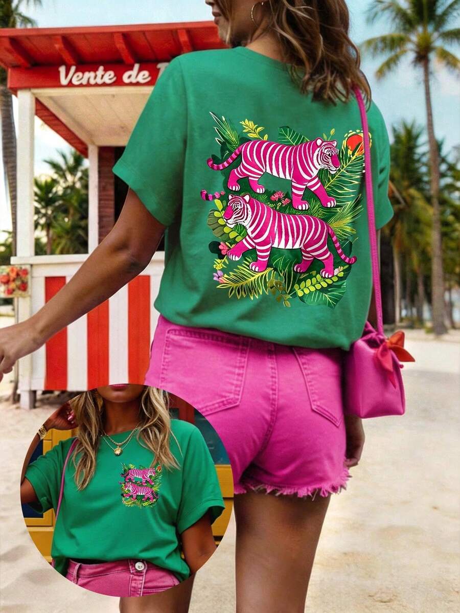 Women's Casual Printed T-Shirt, Short Sleeve And Round Neck, Local Urban Fashion Spring/Summer. Women's Blouses, Women's T-Shirts. 180g (S-XXXL) - 綠色 4 - 查看 1