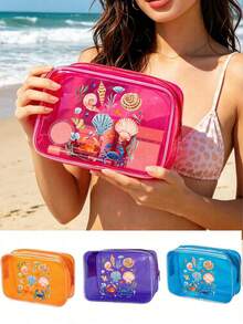 Bolsa de Armazenamento Transparente e À Prova d'Água, Bolsa de Cosméticos com Zíper e Estampa de Concha Marinha de Desenho Animado, Bolsa de Armazenamento Multifuncional com Grande Capacidade e À Prova d'Água, Bolsa de Higiene Pessoal Transparente para Mulheres, Bolsa de Higiene Dobrável e Leve, Organizador de Cosméticos Portátil para Viagem e Cuidados Pessoais. Presente para o Dia do Professor, Dia das Mães, Volta às Aulas, Férias - Multicolorido - Visão 3