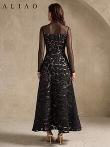 Glazenia Summer Elegant Jacquard Patchwork Tulle Long-Sleeve Dress, Retro Palace Style Long Gown For Weddings, Parties And Daily Wear Vacation Black - Black - View 6