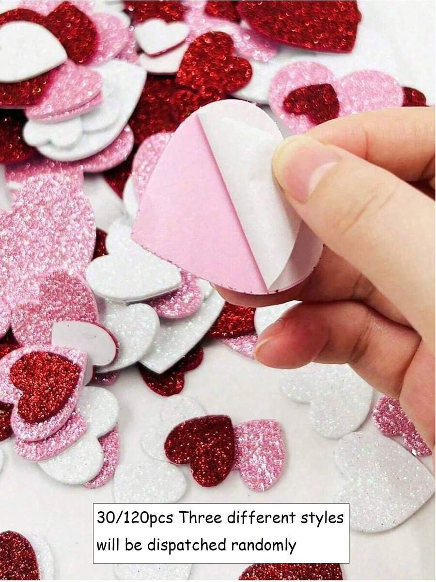 30/120 Stücke herzförmige Glitzer-Schaumstoff-Aufkleber, DIY-Essential, geeignet für Geschenkboxen, Handtaschen, Grußkarten und Feiertagsdekorationen. Feiertags-Aufkleber-Etiketten, können für Geschenkverpackung und Dekoration verwendet werden. Valentinstag Spaßgeschenk, kreative Gartenthema-Dekoration.