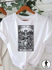 Women's Tops 2026: Tarot Card Print T-Shirt <<The Empress>>, Short Sleeves, Round Neck, Ideal For Spring And Summer. - White - View 1