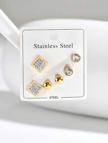 1 Set European And American Vintage Fashion Stainless Steel Micro-Inlaid Rhinestone Stud Earrings Set For Women, Daily Versatile - Multi-color a - View 4