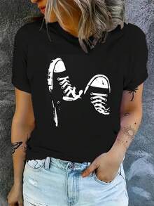 Women's Short-Sleeved T-Shirt, Casual Summer Short-Sleeved T-Shirt, Black T-Shirt With White Sneakers, Ideal For Everyday Wear And Outings. - 黑色 - 查看 1
