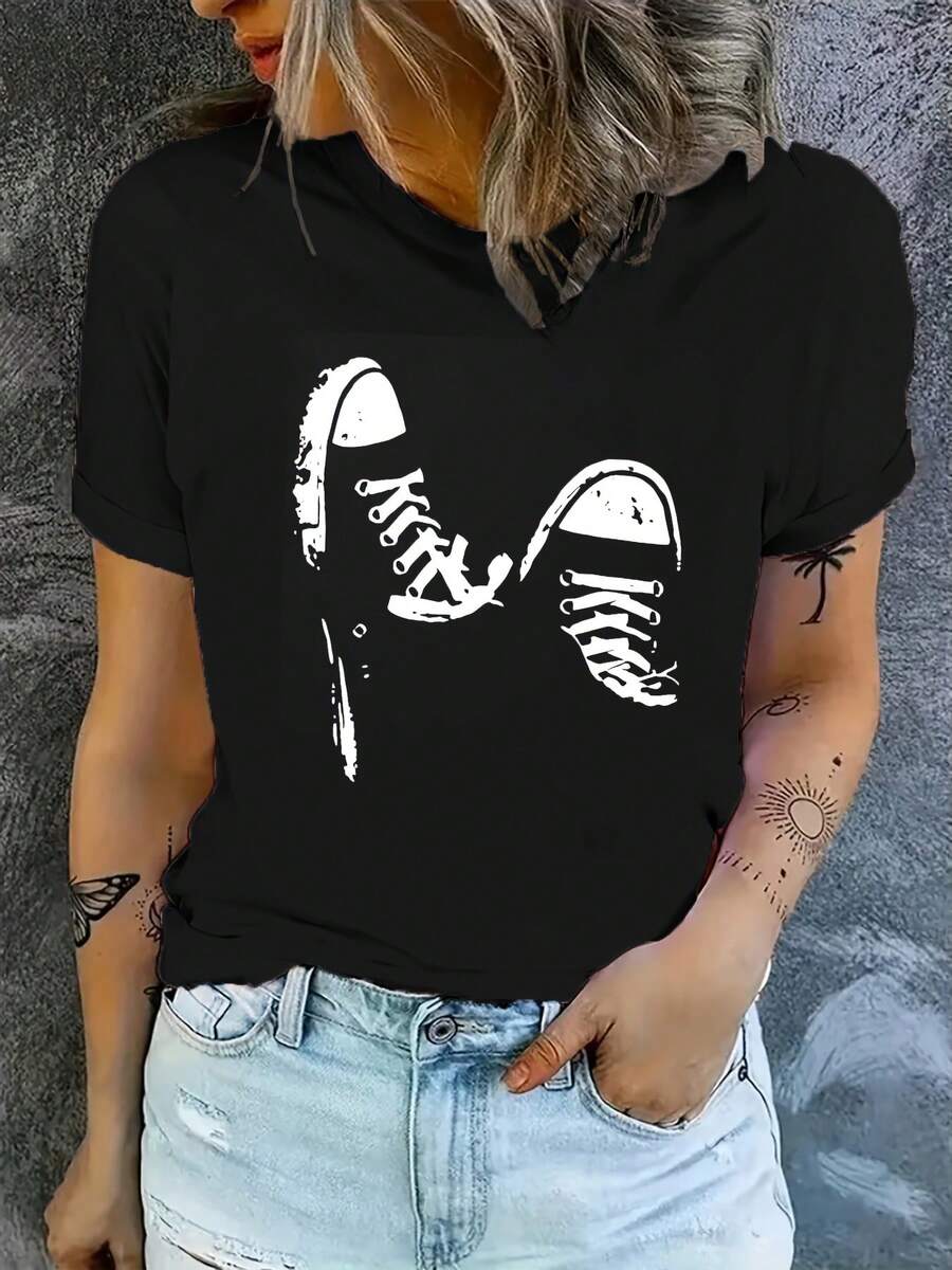 Women's Short-Sleeved T-Shirt, Casual Summer Short-Sleeved T-Shirt, Black T-Shirt With White Sneakers, Ideal For Everyday Wear And Outings. - 黑色 - 查看 1
