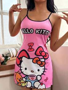 SANRIO 1件 Hello Kitty 粉色休闲可爱舒适简约吊带裙（女款） - 玫紅色 - 查看 3