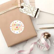 48/24 Autocollants circulaires | Texte << Happy Mail », design d'enveloppe aquarelle et cœur arc-en-ciel, parfait pour sceller les enveloppes, l'emballage cadeau, la décoration faite main, les sacs cadeaux et les étiquettes de cartes de vœux, la production de bijoux, l'affichage et les fournitures d'emballage - rond - Voir 4