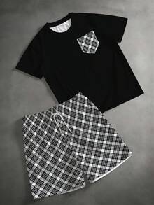 Plus Size Men's 2-Piece Outfit, Men's Street Casual Minimalist Series "Black & White Plaid Faux Pocket" Pattern Sports Set - Polyester Knit Fabric, Crew Neck Design, Drawstring Shorts, Pocket Details, Regular Fit, Suitable For Plus Size Body - Black - View 2