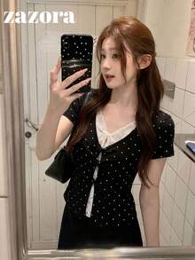 Yorily 黑色波點 2 合 1 蕾絲方領短袖 T 恤女款夏季韓風修身設計上衣休閒夏裝 - 黑色 - 查看 1