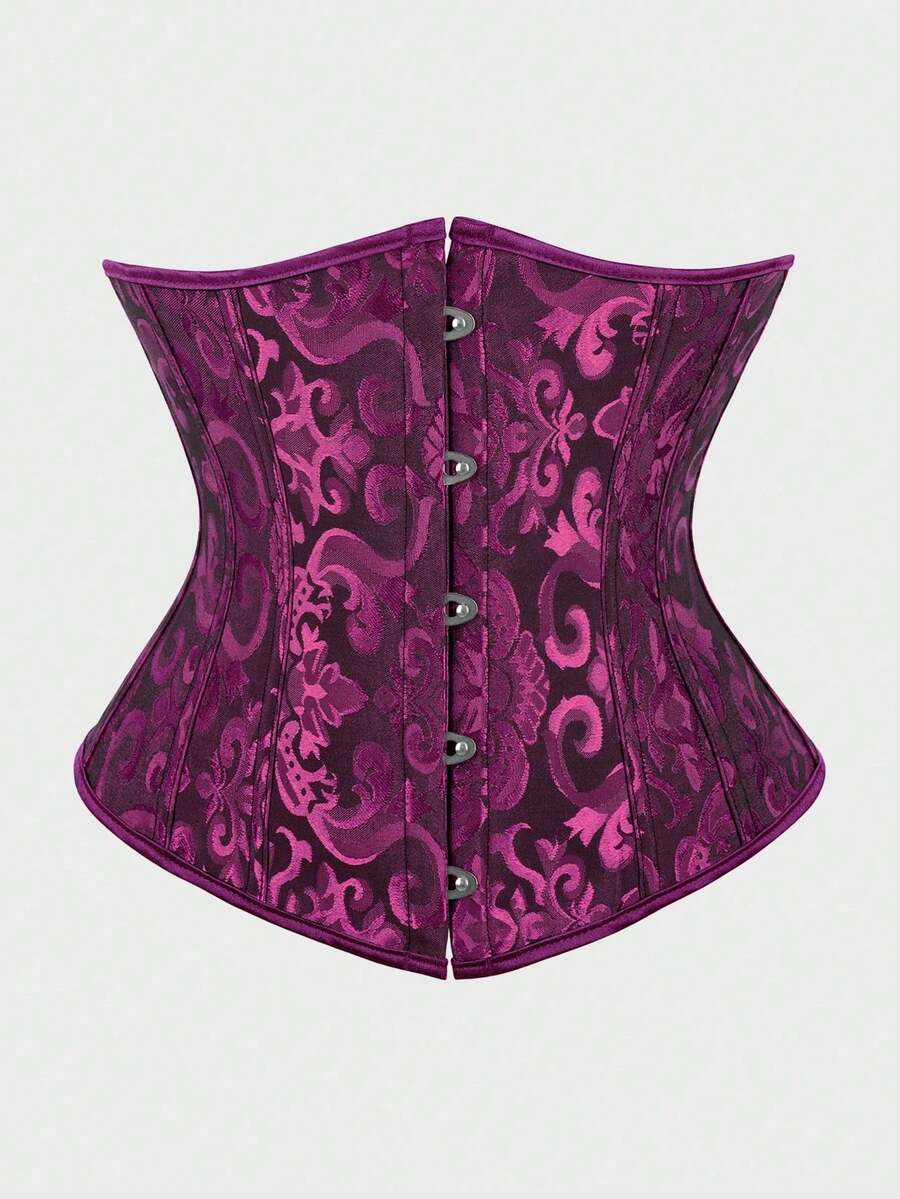 Underbust Corsets For Women,Corset Belt, Women's Floral Jacquard Lace Up Under Boob Corset Slimmer Body Shaper - 黑玫瑰紅 - 查看 1