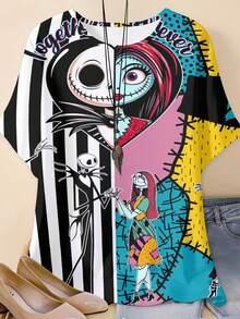 Disney, Jack Skellington And Sally Character Print, Round Neck Short Sleeve T-Shirt, Casual Wear For Women - Multicolor - View 2