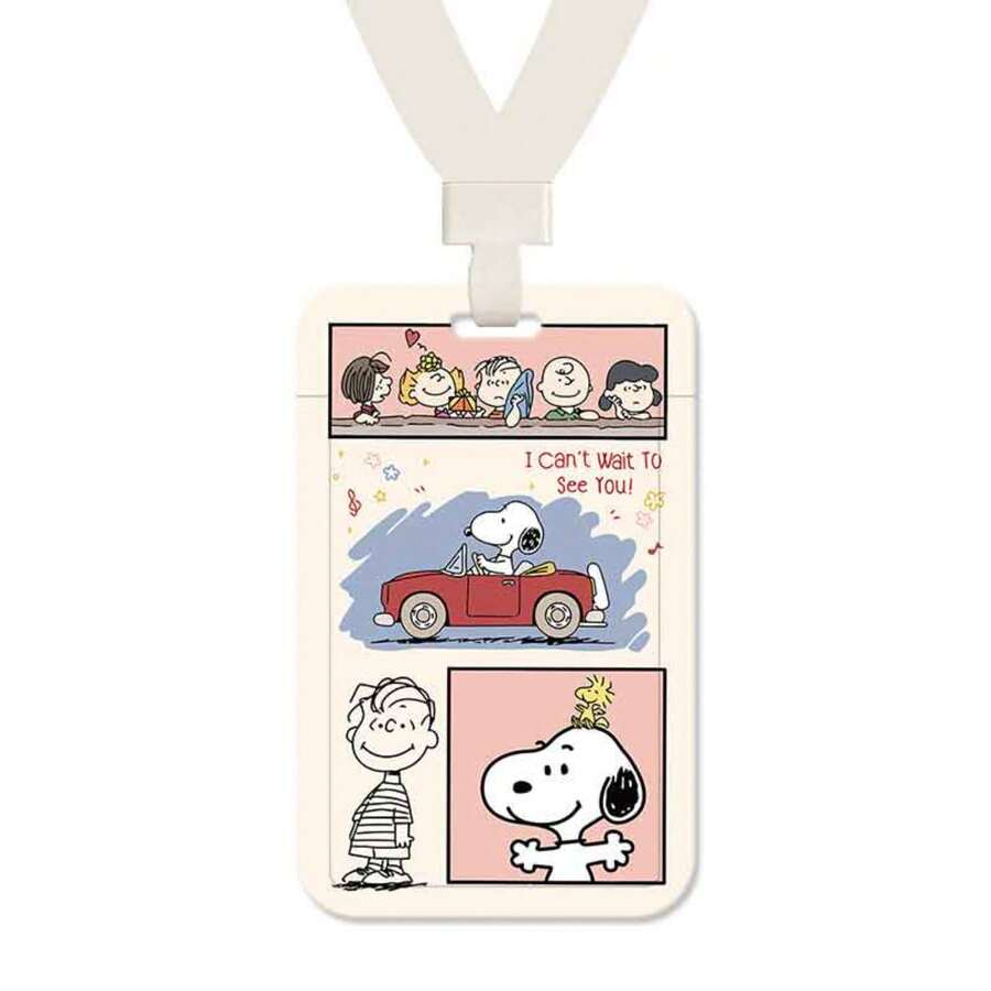 MINISO Snoopy Peanuts 滑動式卡套,附掛繩、鑰匙圈或編織皮革掛帶,開學季可愛復古動漫角色學生證/巴士卡保護套 - 樣式 4 - 查看 1