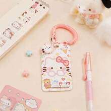 MINISO Kawaii Sanrio Hello Kitty Pochacco 滑動式卡套，可愛動漫角色直立式卡夾，附彈性粉色螺旋腕繩鑰匙圈，返校季學生證識別證套 - 樣式 1 - 查看 2