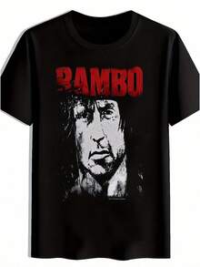 RAMBO T-Shirt mit rotem, kräftigem Aufdruck, Sommer, Rundhals-Kurzarmshirt, lässiges Alltags-Oberteil, Herrenbekleidung - Schwarz - Übersicht 1