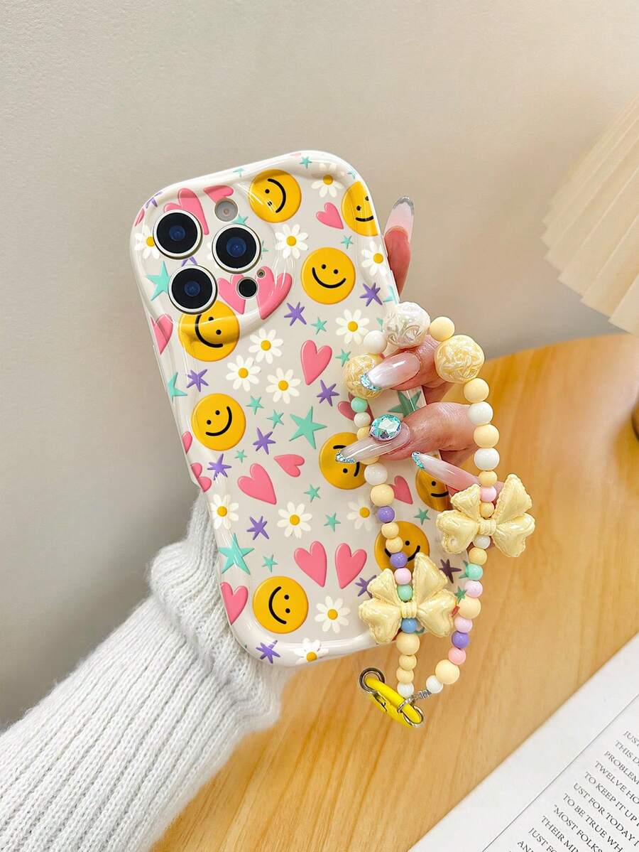 Smiling Face Painted Shockproof Precise Cutouts Cream Texture Beige Phone Case With Additional Bracelet, Fashion Minimalist Shockproof Phone Case Compatible With Ip 17 Ip 17 Pro Ip 17 Promax Ip16/Ip 15 XR /7/8 /Ip 16 Promax /Ip 13 Case/Caseiphone15Promax/12PROMAX/13PROMAX/14PROMAX 13 14 11 12p14 Women P11 Soft Shell P12 Shockproof XS.XR /78P.78GES2 Shockproof Phone Protective Case - Multicolor - View 1