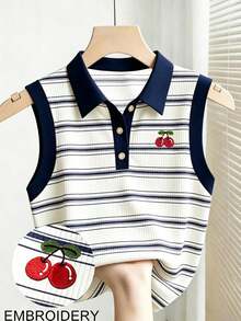 Blusa de uso diario versátil y casual con rayas y bordado de cerezas para mujer - Multicolor 5 - Ver 1