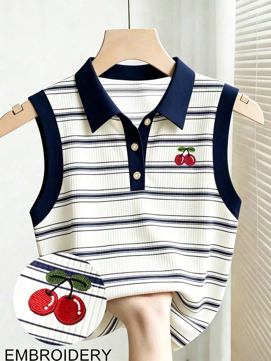 Blusa de uso diario versátil y casual con rayas y bordado de cerezas para mujer - Multicolor 5 - Ver 1