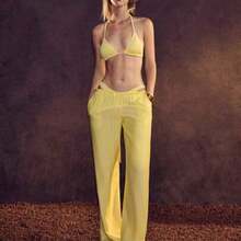 Nana's Women's Clothing Store  Conjunto de bikini triangular de halter liso de verano con falda de playa - Amarillo - Ver 1