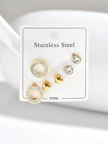 1 Set European And American Vintage Fashion Stainless Steel Micro-Inlaid Rhinestone Stud Earrings Set For Women, Daily Versatile - Multi-color a - View 6