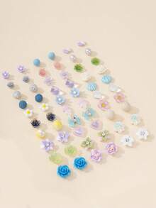 Set Of 30 Pairs Cute Multicolor Small Flower Heart Shell Square Stud Earrings Combination For Women, Suitable For Outings, Parties And Casual Wear, Exquisite Earring Set - Multicolor - View 5