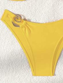 New 2026 Model: New Two-Piece Bikini With Metallic Accessory And Solid Color For Women, Beach Swimsuit With Opening - 黃色 - 查看 5