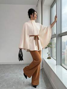 Elegant Women's Long Cloak Sleeve Cape With Stand Collar And Bow Detail, Fashionable Woven Fabric Overcoat For Fall - 上杏色+下棕色12970 - 查看 4