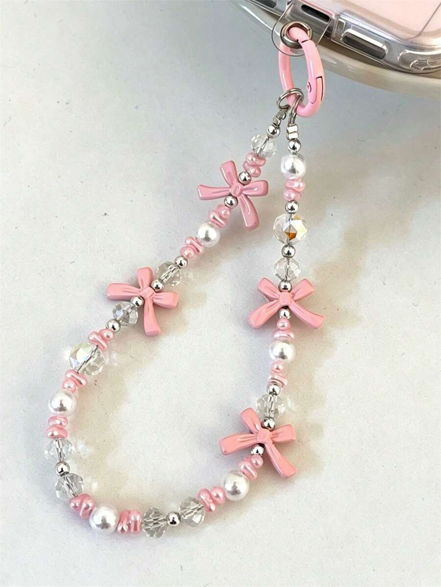 1PC Lovely Bowknot Candy Color Beaded Short Lanyard Wristband Mobile Phone Hanging Rope CCD Camera Bag Chain Pendant Perfect Gift For Girl