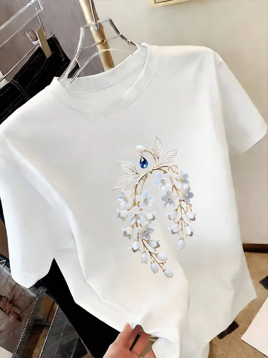 Women's Casual T-Shirt, Lily Of The Valley Print T-Shirt With Pearls And Blue Diamonds, Cool And Elegant Style, Gift, Casual Round Neck Top, Breathable. - 白色 - 查看 1