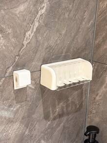 1 pieza Soporte para cepillo de dientes de baño, estante de almacenamiento de cepillo de dientes multifunción adhesivo con tapa, accesorio de baño - Blanco - Ver 16