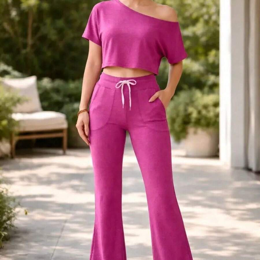 Women's Flared Pants And Comfortable Top Set - Magenta - View 1