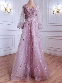 Champagne Beaded Evening Gown For Women V Neck Long Sleeve Tulle Prom Dress With Train Formal Party Ball Gown - 金色 - 查看 7
