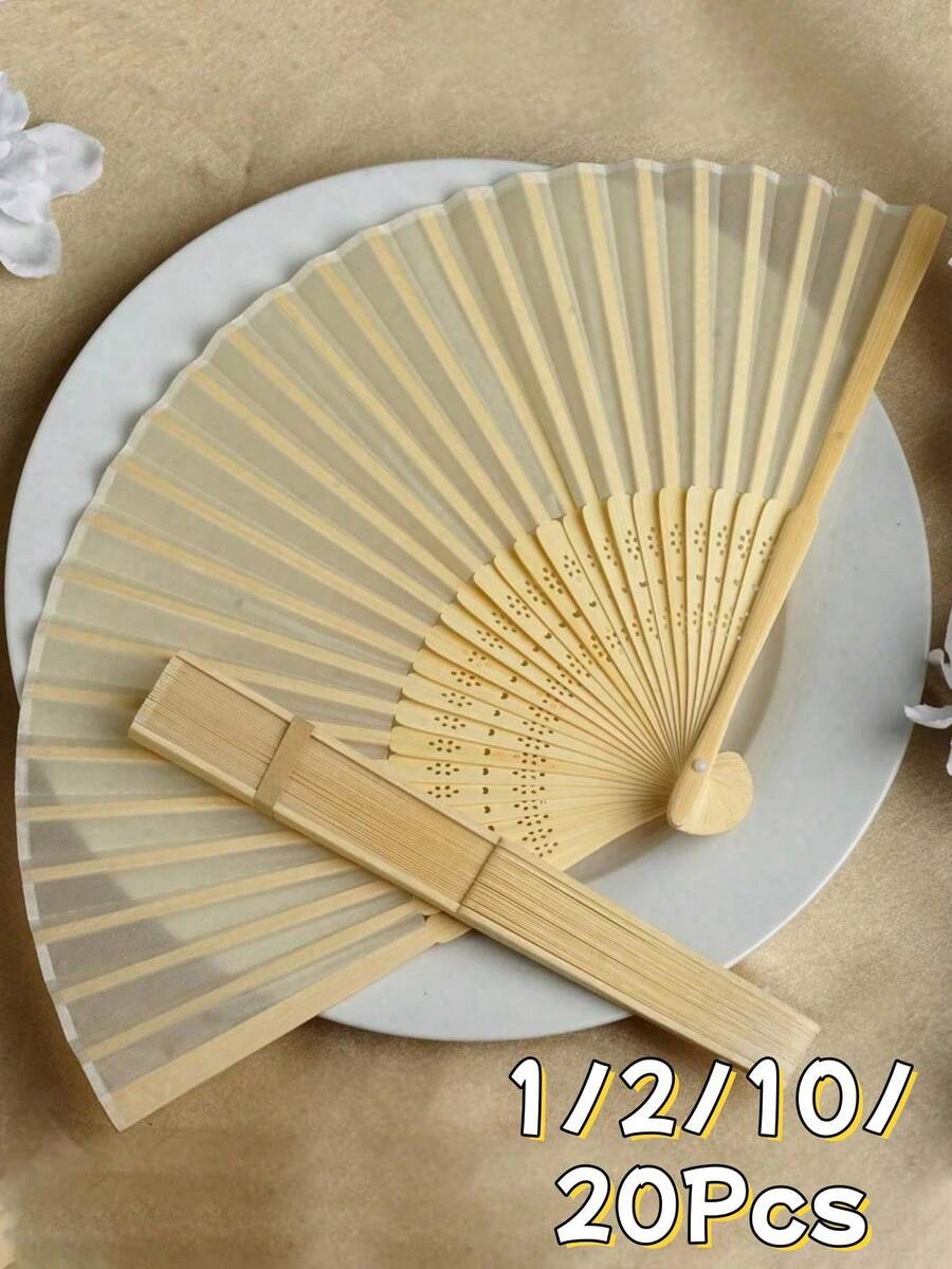 20/10/2/1pc Silk Hand Fan, Decorative Solid Color Fabric Fan, Wedding Gift, Folding Bamboo Fan, DIY Desktop Hanging Ornament - Beige - View 1