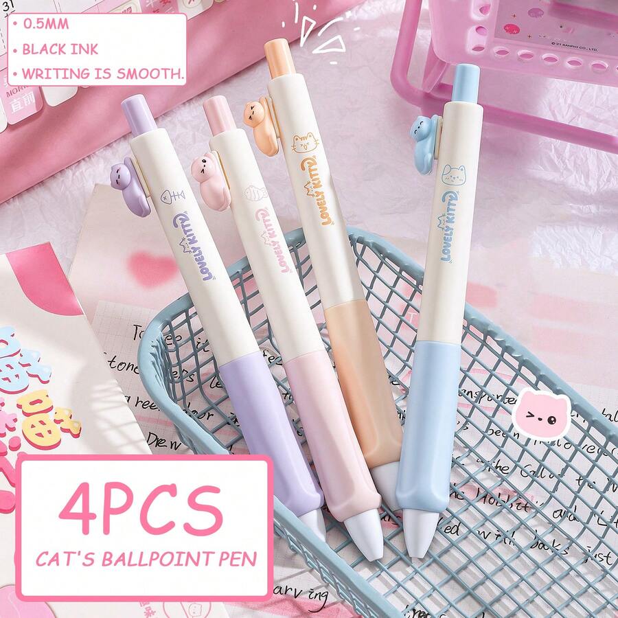 4PCS Cat Theme Retractable Ballpoint Pens;0.5mm Black Quick-Drying Pens, Fashionable Minimalist Neutral Pens, Smooth Writing;Suitable For Diary Writing And Drawing;Best Choice For Writing And Office Use, Suitable For Students, School, Notes, Office Use;Classroom Rewards, Holiday Gifts, School Supplies/Office Supplies - Multicolor - View 1