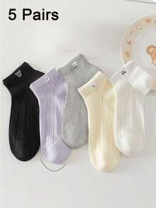 5 Pairs Spring/Summer Cartoon Bear Cute Ankle Socks, Solid Color Breathable Net Yarn Short Socks, Classic Versatile Women Socks - Multicolor - View 4