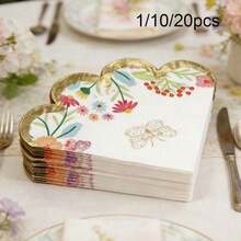 1/10/20 piezas Servilletas desechables elegantes con estampado floral de primavera y mariposa en relieve dorado, bordes rizados, para cóctel, decoraciones de fiesta de té de primavera, cumpleaños y bodas - Multicolor - Ver 1