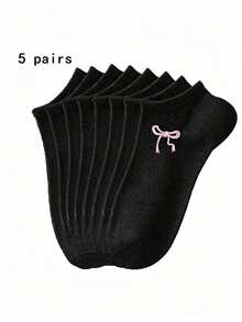 5/10/15 Pairs Unisex Comfortable Versatile Solid Color Black White Grey Bow Short Socks - Multicolor - View 3