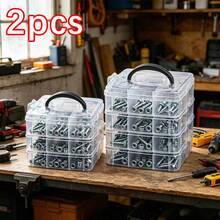 2 piezas Caja de almacenamiento de piezas con compartimentos transparentes, material PP de alta transparencia, compartimentos pequeños fijos en capas para evitar la mezcla, apilable y combinable para ahorrar espacio, adecuado para el hogar, garaje, taller y tienda de relojes/joyas, clasificación clara y acceso conveniente para artículos pequeños - Caja de almacenamiento con múltiples compartimentos - Ver 1