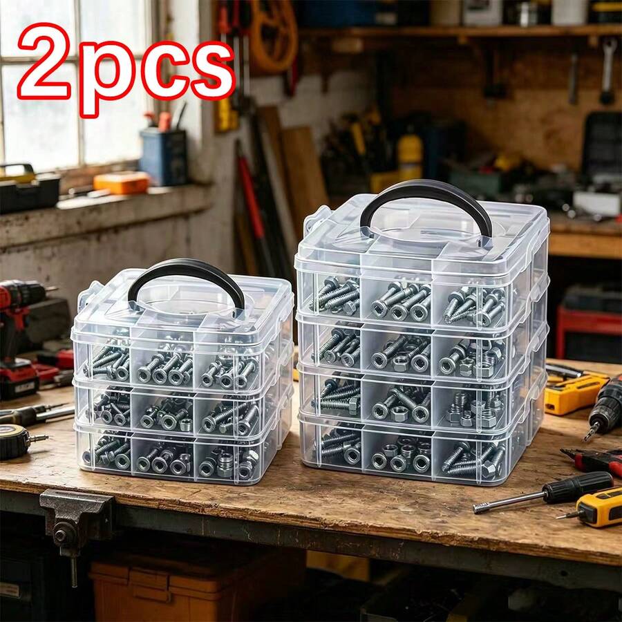 2 piezas Caja de almacenamiento de piezas con compartimentos transparentes, material PP de alta transparencia, compartimentos pequeños fijos en capas para evitar la mezcla, apilable y combinable para ahorrar espacio, adecuado para el hogar, garaje, taller y tienda de relojes/joyas, clasificación clara y acceso conveniente para artículos pequeños - Caja de almacenamiento con múltiples compartimentos - Ver 1