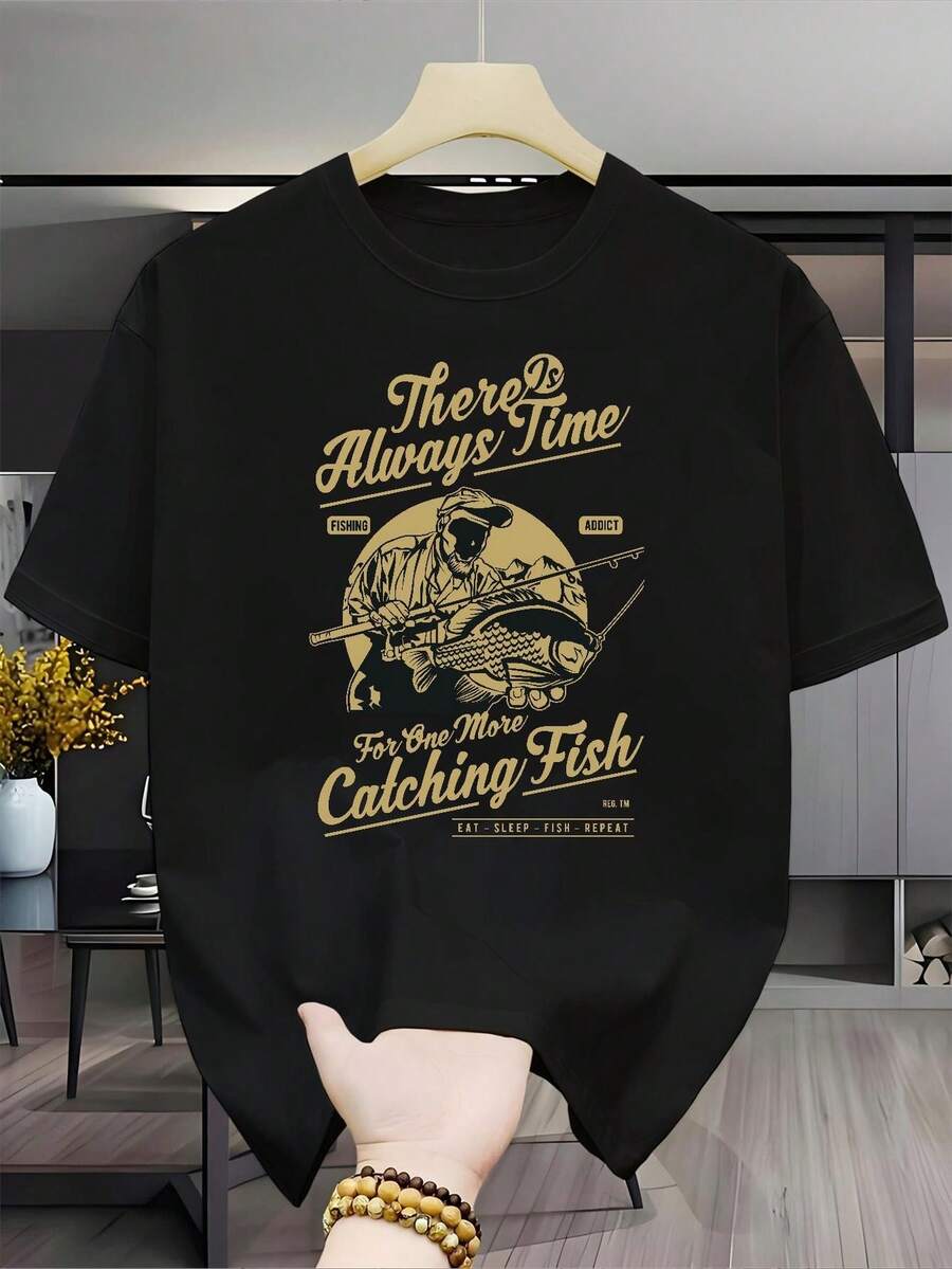 Camiseta estampada de algodón% para hombre, estilo vintage con temática de pesca, unisex (para hombres y mujeres), material cómodo, de manga corta, adecuada para todas las estacione - Negro - Ver 1