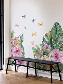 1pc Floral Tropical Monstera Leaves & Butterfly Wall Decor Sticker, Removable Room Decoration Wall Decal For Bedroom, Living Room, Entryway - 1PC - View 2