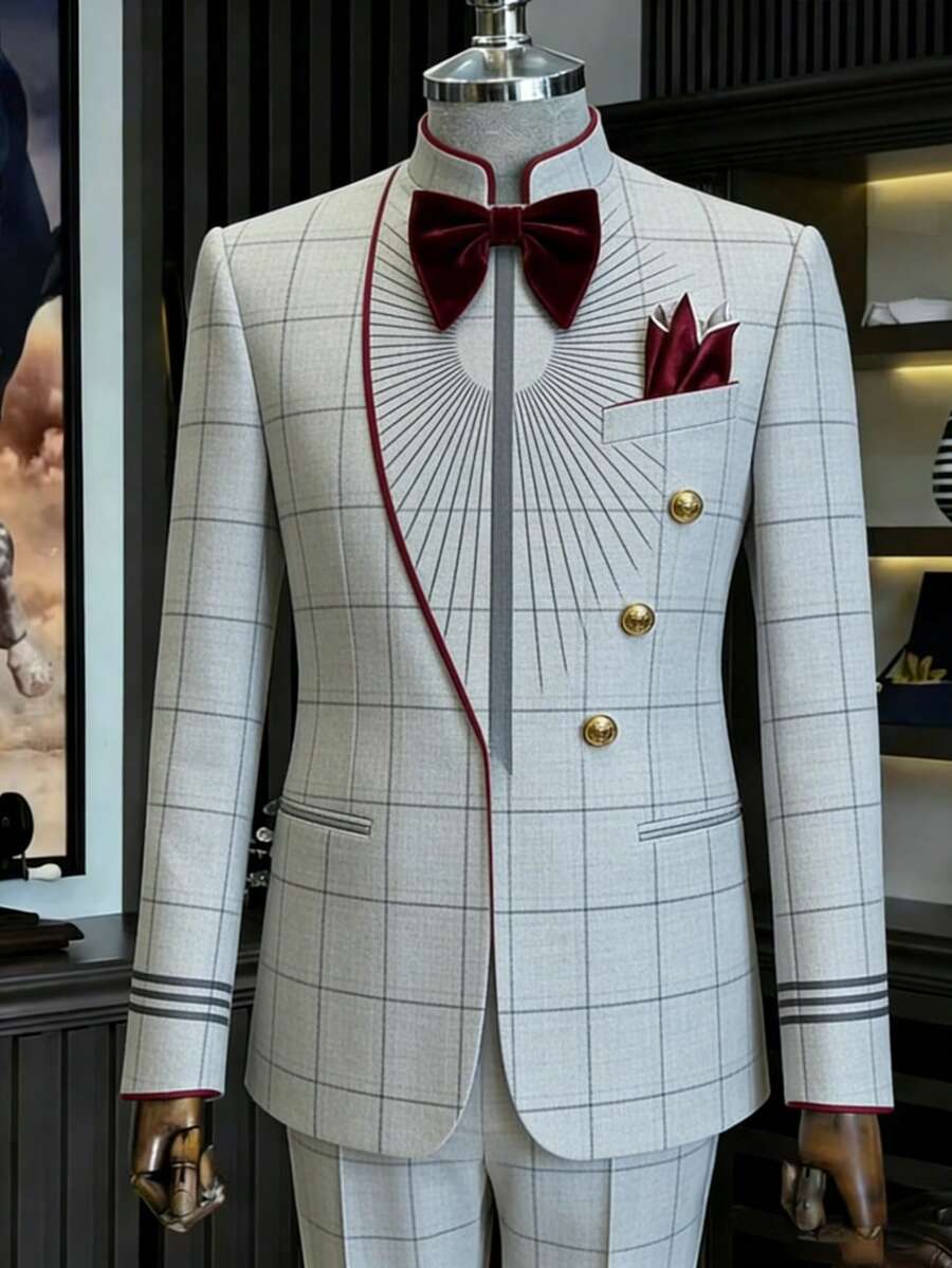 Fashionable Men's Single Piece Stand Up Collar Jacket Waist Cinching And Slim Fit Design, Suitable For Parties And Weddings - 灰色 - 查看 1