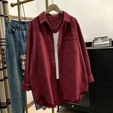 Camisa casual de mujer talla grande con botones delanteros y bolsillo de unicolor - Burdeos - Ver 4