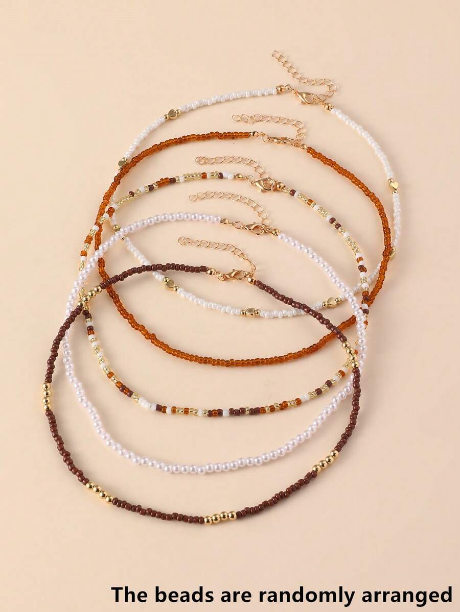 NAIZHU 5pcs Bohemian Vacation Style Colorful Seed Bead Necklace Set, Teen Daily Party Accessory, Random Color - Brown - View 1