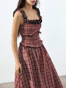 Aveloria GENKIRA Vestido largo de cuadros con volantes franceses vintage, cintura fruncida, falda de vuelo de varios niveles, dobladillo contrastante y cuello convertible único para mujeres - Multicolor - Ver 1